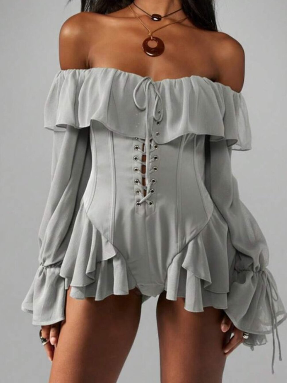 MISSGUIDED Chiffon Ruffle Bodysuit Romper Lace Up Corset NWT